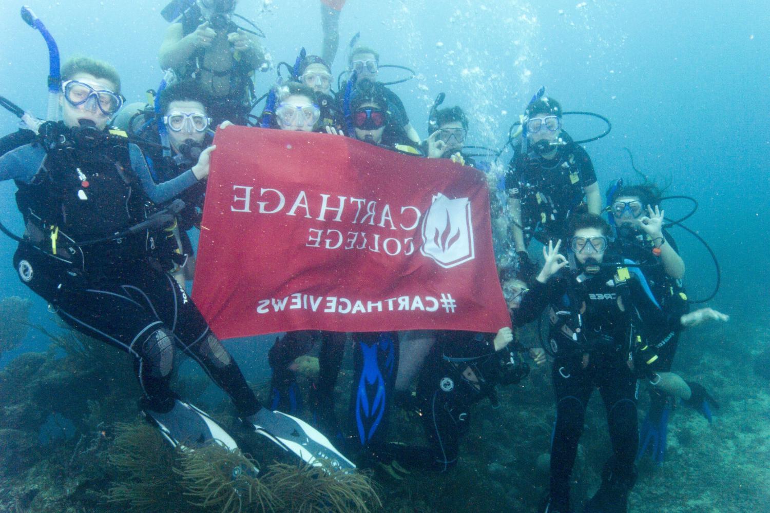 学生们手持<a href='http://mowk.ngskmc-eis.net'>博彩网址大全</a>旗帜，在j学期洪都拉斯游学之旅中潜水.